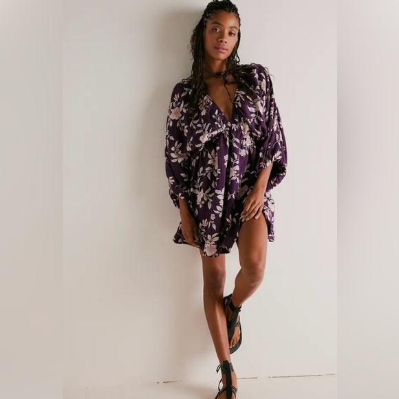 Free People Portia Linen Mini Dress in BlackBerry Womens Size Small NEW - Picture 2 of 11